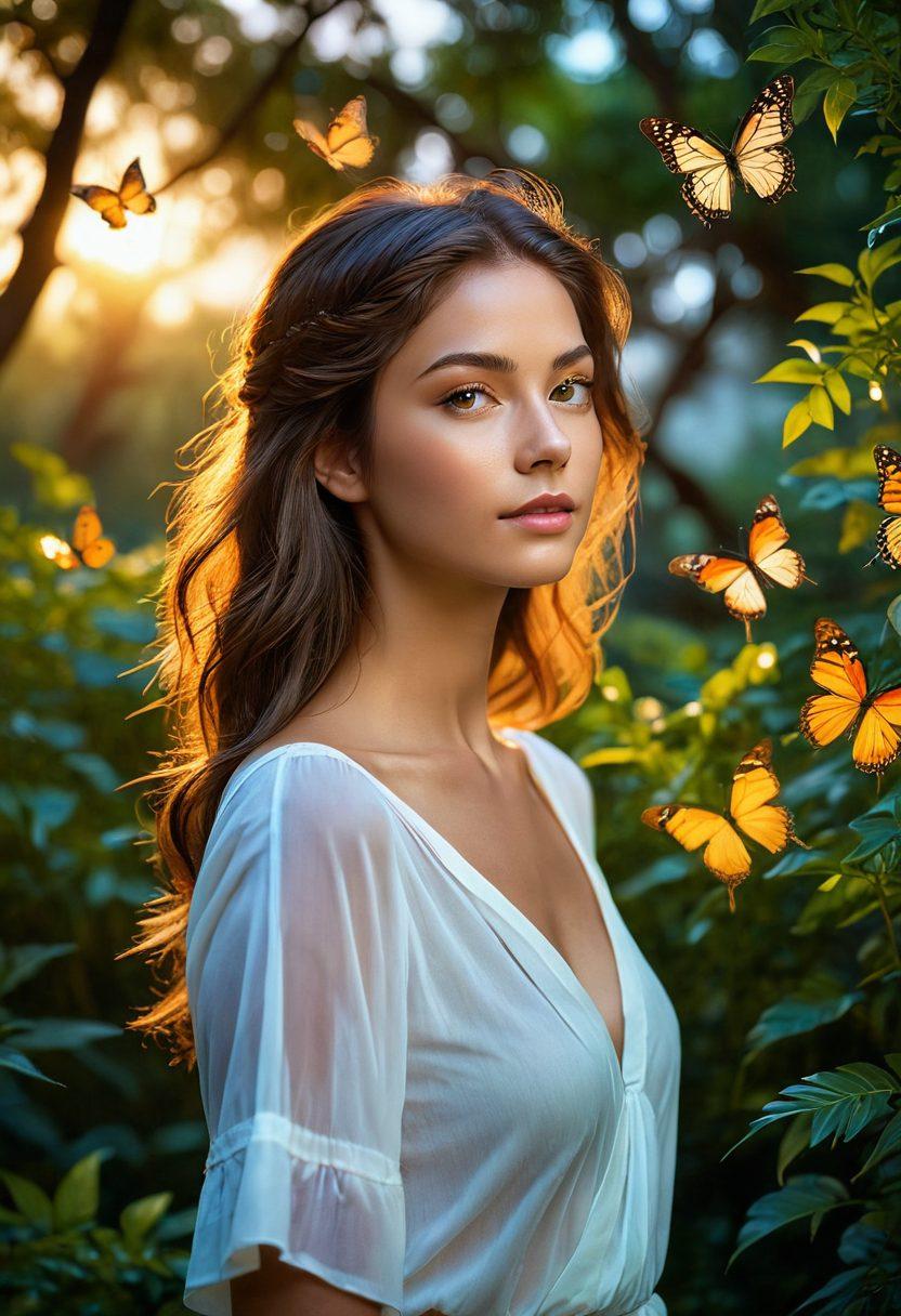 A serene scene featuring a person radiating confidence and charm, surrounded by lush greenery and soft, glowing lights. A gentle breeze moves through their hair, while butterflies gracefully flutter around them, symbolizing transformation. The background showcases a tranquil sunset, blending warm colors that embody radiant living. super-realistic. vibrant colors. ethereal atmosphere.