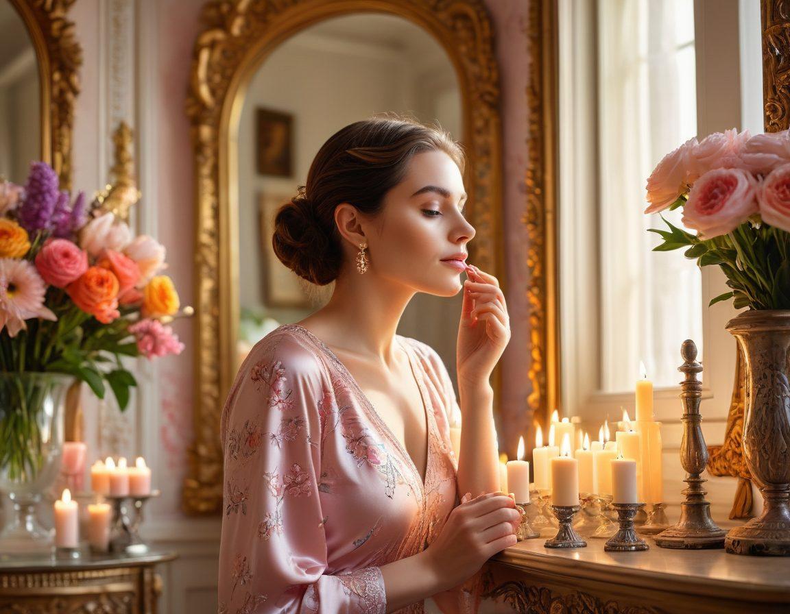 A glamorous woman standing in a sunlit room surrounded by Magnaflo products, radiating confidence and beauty. She is applying a face mask while admiring her reflection in an ornate mirror, with vibrant flowers and candles accentuating the serene atmosphere. Soft pastel colors dominate the scene, creating a warm, inviting feel. super-realistic. vibrant colors.