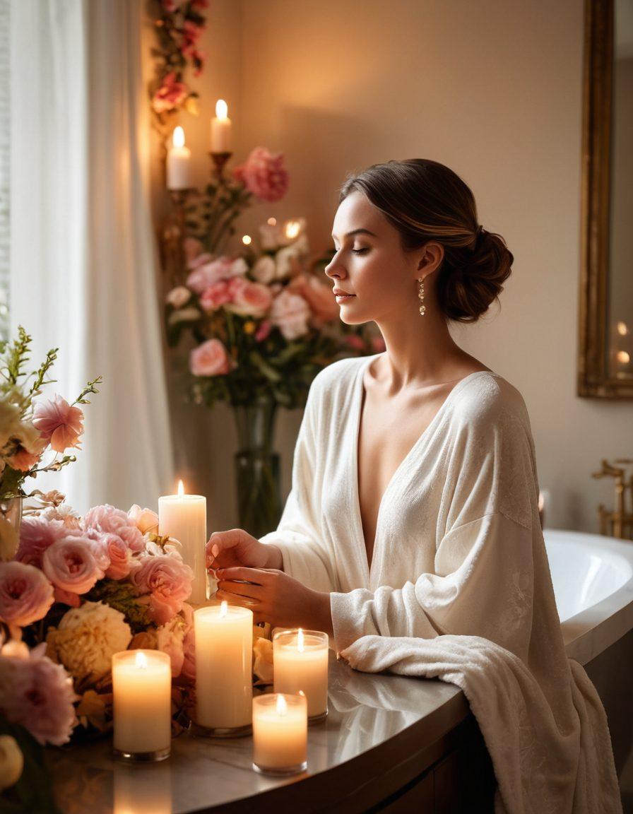 A serene and sophisticated scene of a woman indulging in a luxurious self-care routine, surrounded by elegant candles, soft fabrics, and delicate floral arrangements. The atmosphere exudes glamour with a touch of modernity, showcasing stylish beauty products and a plush vanity mirror. Radiant natural light floods the room, enhancing the overall elegance. soft focus. warm tones. serene ambiance. 3D. vibrant colors.